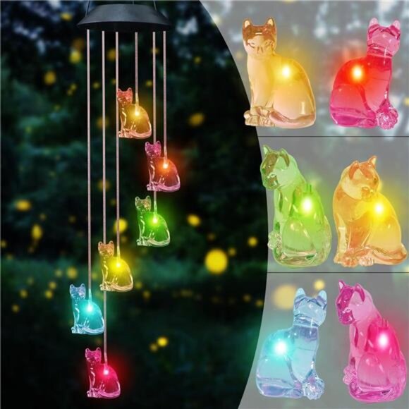 Cat Solar Wind Chimes for Outside Colors Changing Waterproof Decorative Lights - Picture 1 of 7